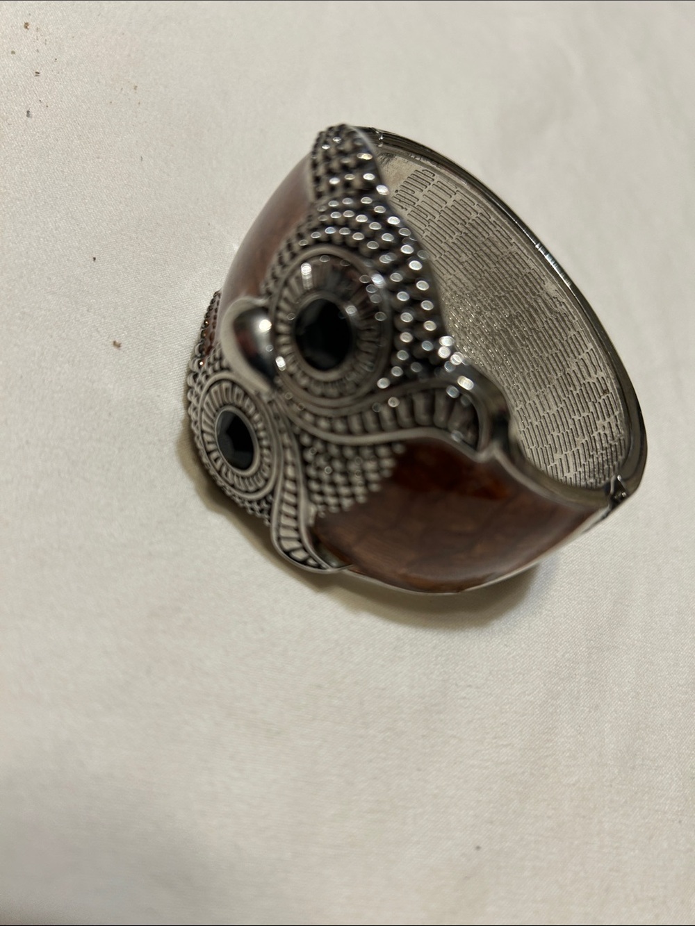 Silver Owl Cuff Bracelet with Brown Enamel Accents